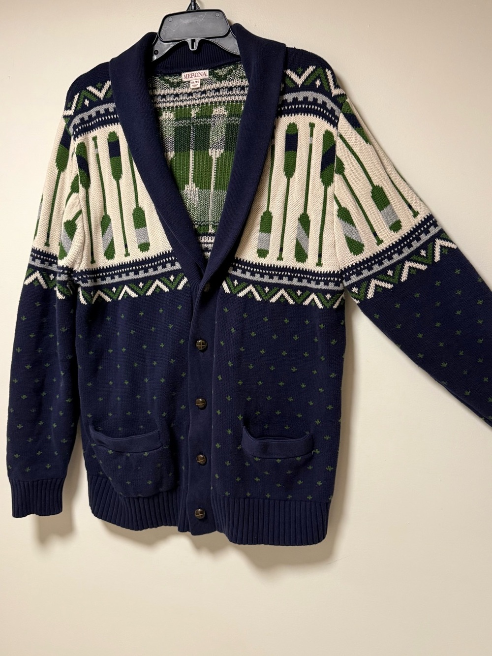 Merona Navy & Green Nautical Shawl Collar Men’s Cardigan Sweater XL Campcore - Picture 2 of 9